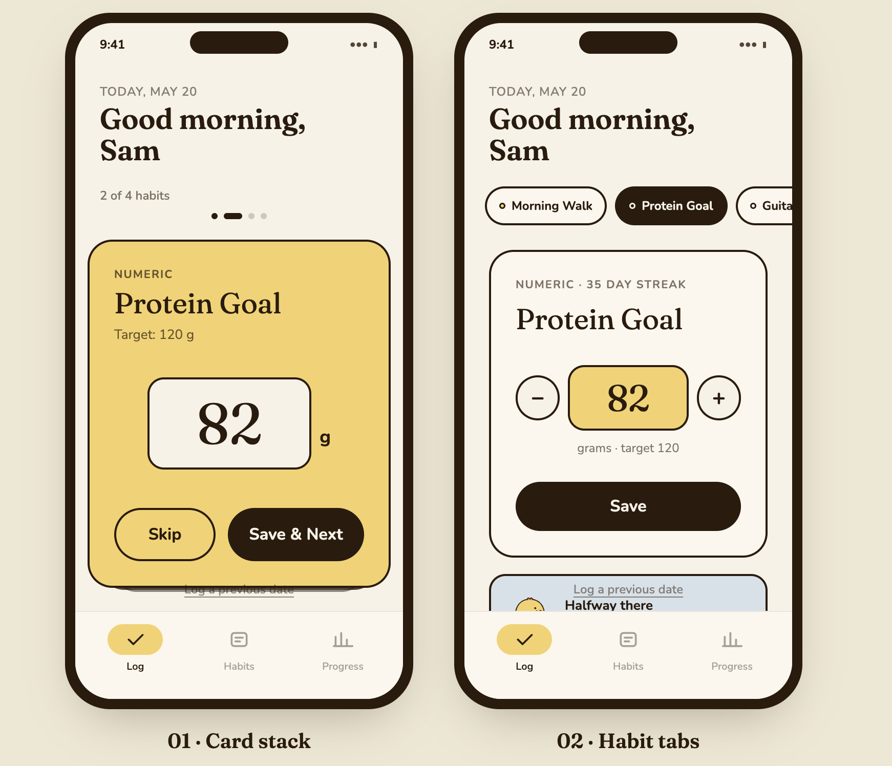Checken app — card stack and habit tabs layout options