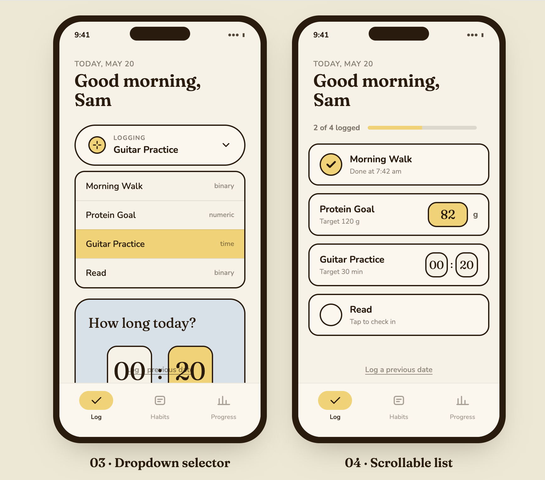 Checken app — dropdown selector and scrollable list layout options