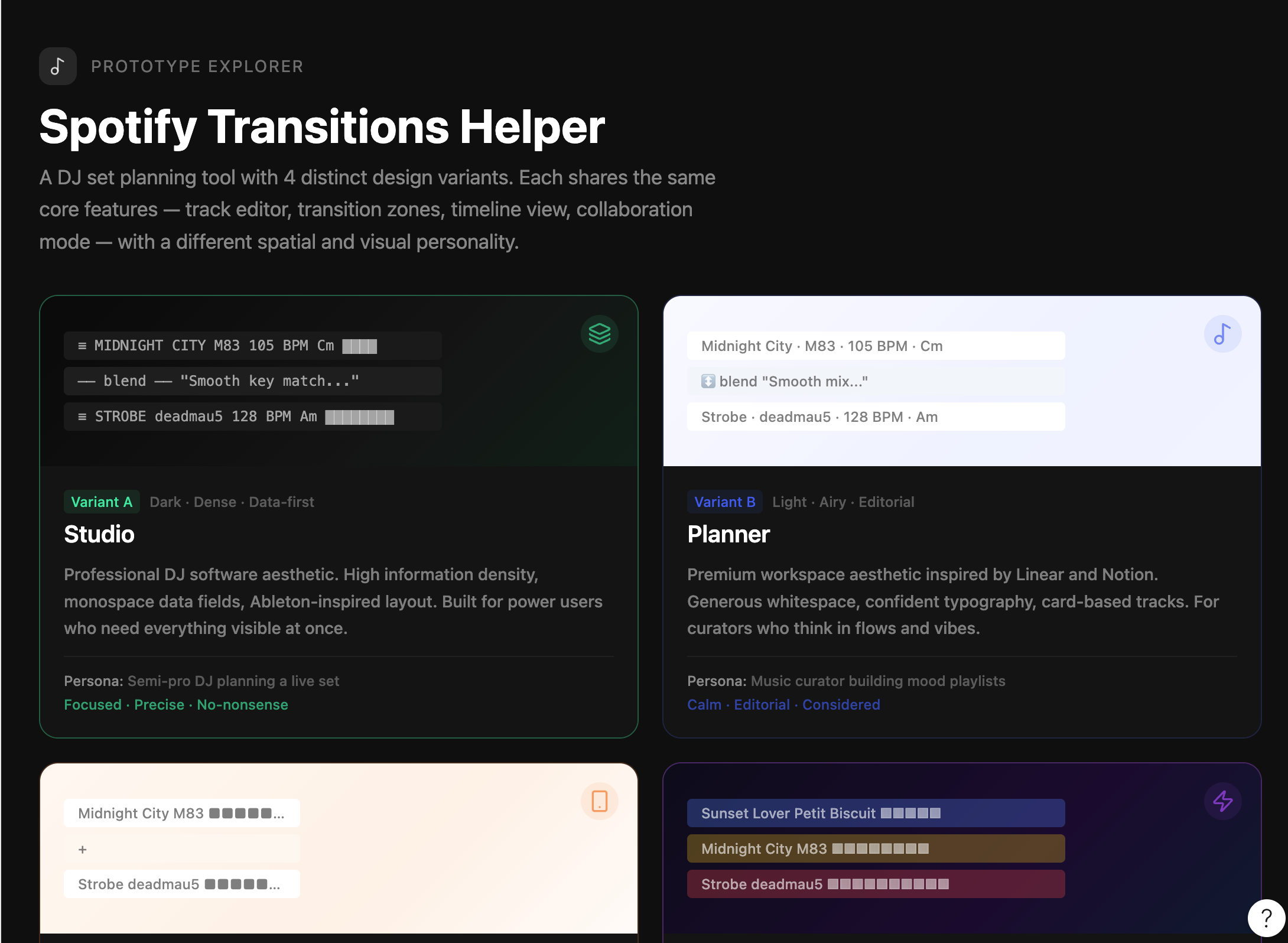 Four layout variants for the Spotify Transitions Helper — Studio, Planner, Mobile First, and a fourth free exploration